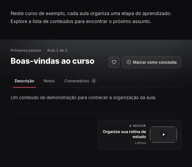 Aula de texto com descrição, aba de notas e link para a próxima aula.